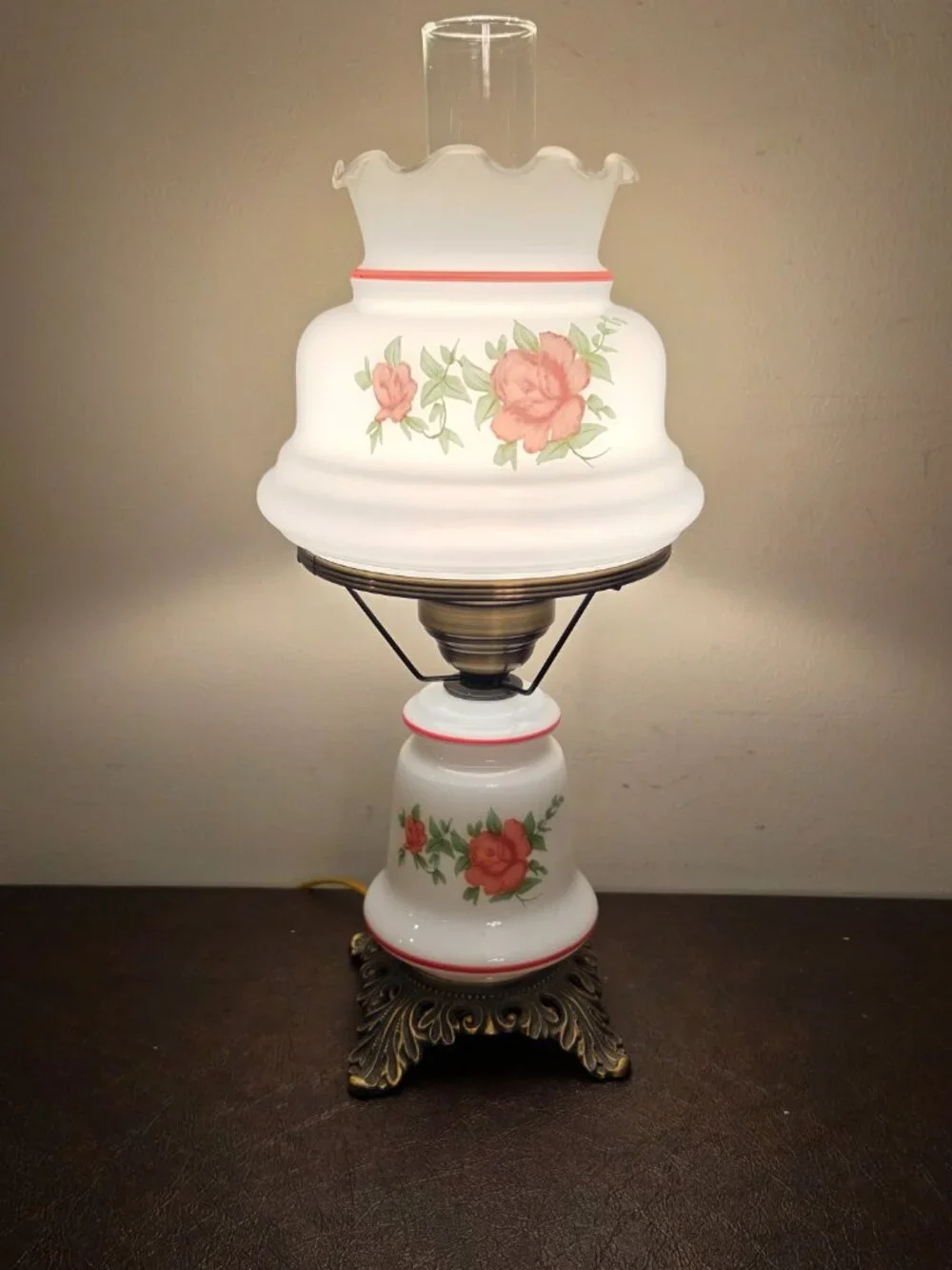 Vintage Hurricane Lamp with Pink Roses (1960's)